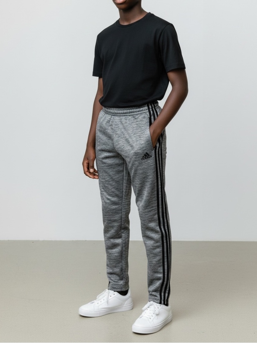 Adidas Kids Gray Heather Track Pants Black Side Stripes Embroidered Logo M 10/12